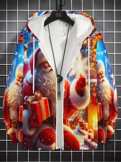 Men's Santa Print Hooded Sweatshirt - Full-Zip Full-Length Zipper Hoodie with Santa Claus & Reindeer/Christmas Tree Patterns, Machine Washable Casual Winter Gym Wear for Christmas Parties, Spring/Fall Outdoor Activities ( Siz