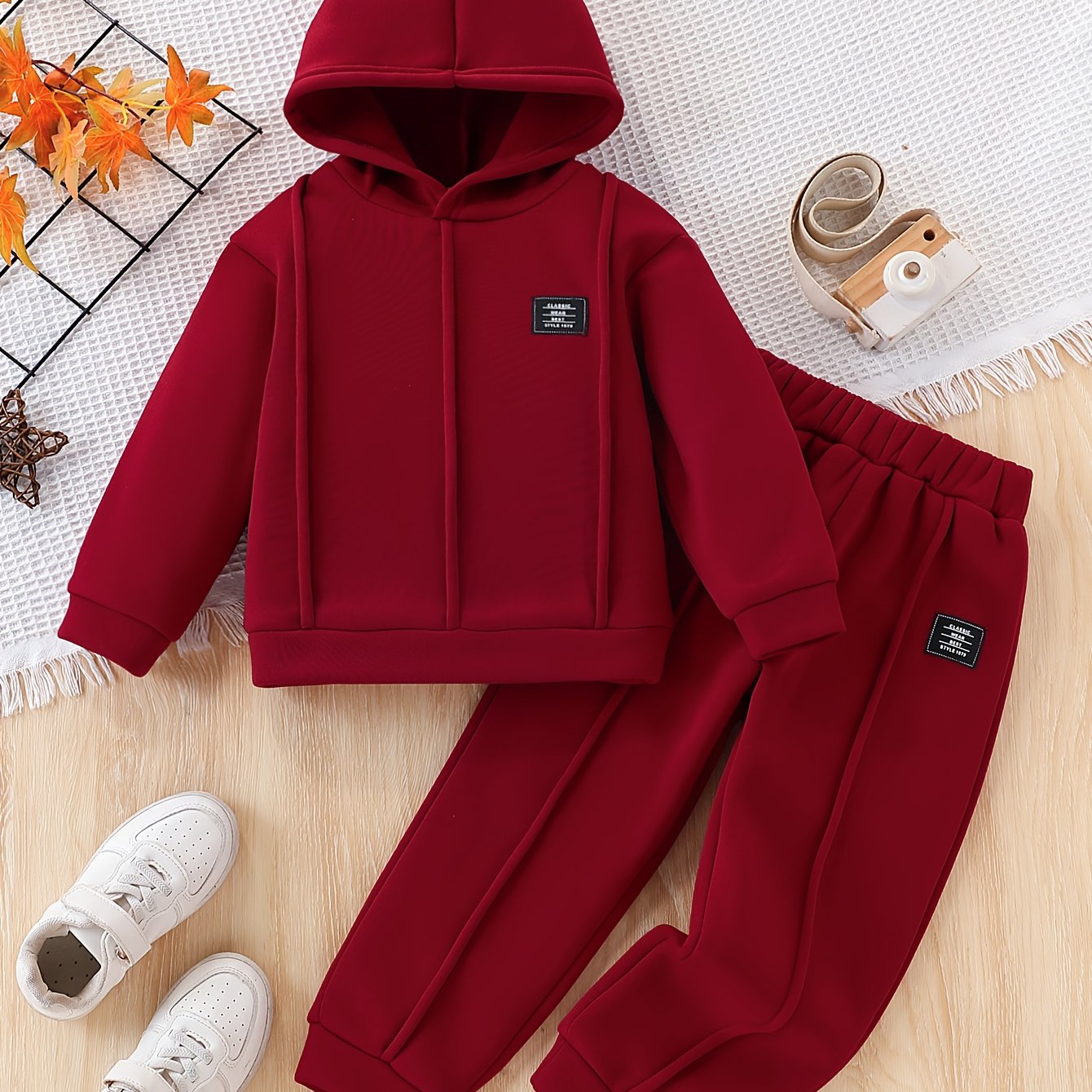 2pcs Girls' Fleece Hooded Sweatsuit Set - Oversized Hoodie & Jogger Pants with Elastic Waist, Thick Warm Winter Outfit, Machine Washable Red Sweatsuit for Casual Casual Attire & Clothing (Matching Outfit) - Cozy Fleece Fabric