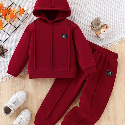 2pcs Girls' Fleece Hooded Sweatsuit Set - Oversized Hoodie & Jogger Pants with Elastic Waist, Thick Warm Winter Outfit, Machine Washable Red Sweatsuit for Casual Casual Attire & Clothing (Matching Outfit) - Cozy Fleece Fabric