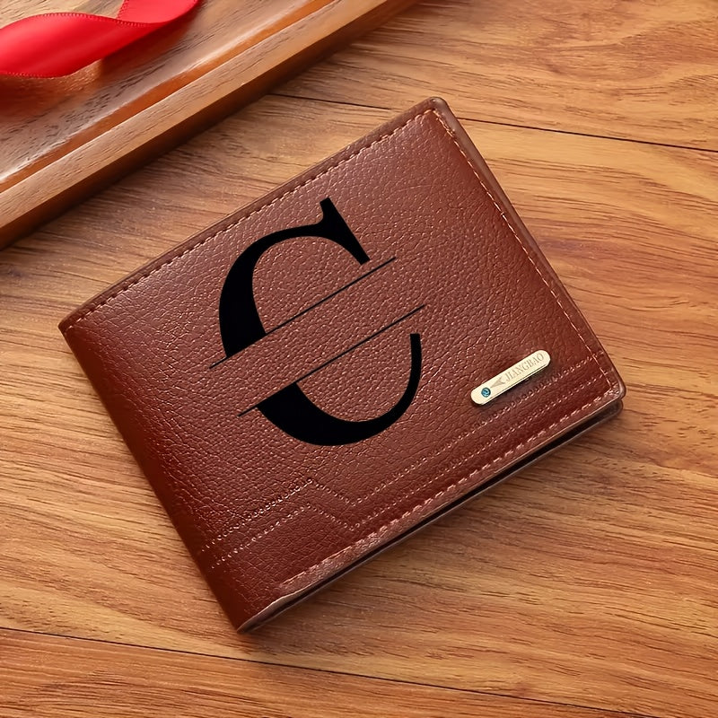 1pc Men's Business Style Faux Leather Wallet, Customizable Text and Initials, Solid Color Faux Leather with Contrast Accents, Compact Short Bifold Design for Easy Carrying - Perfect Birthday Gift for Boyfriend and Father, Per
