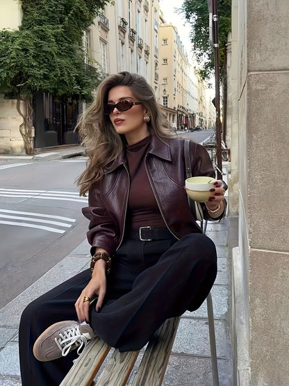Women's Burgundy Retro-Casual Cropped Jacket with Lapel & Zipper