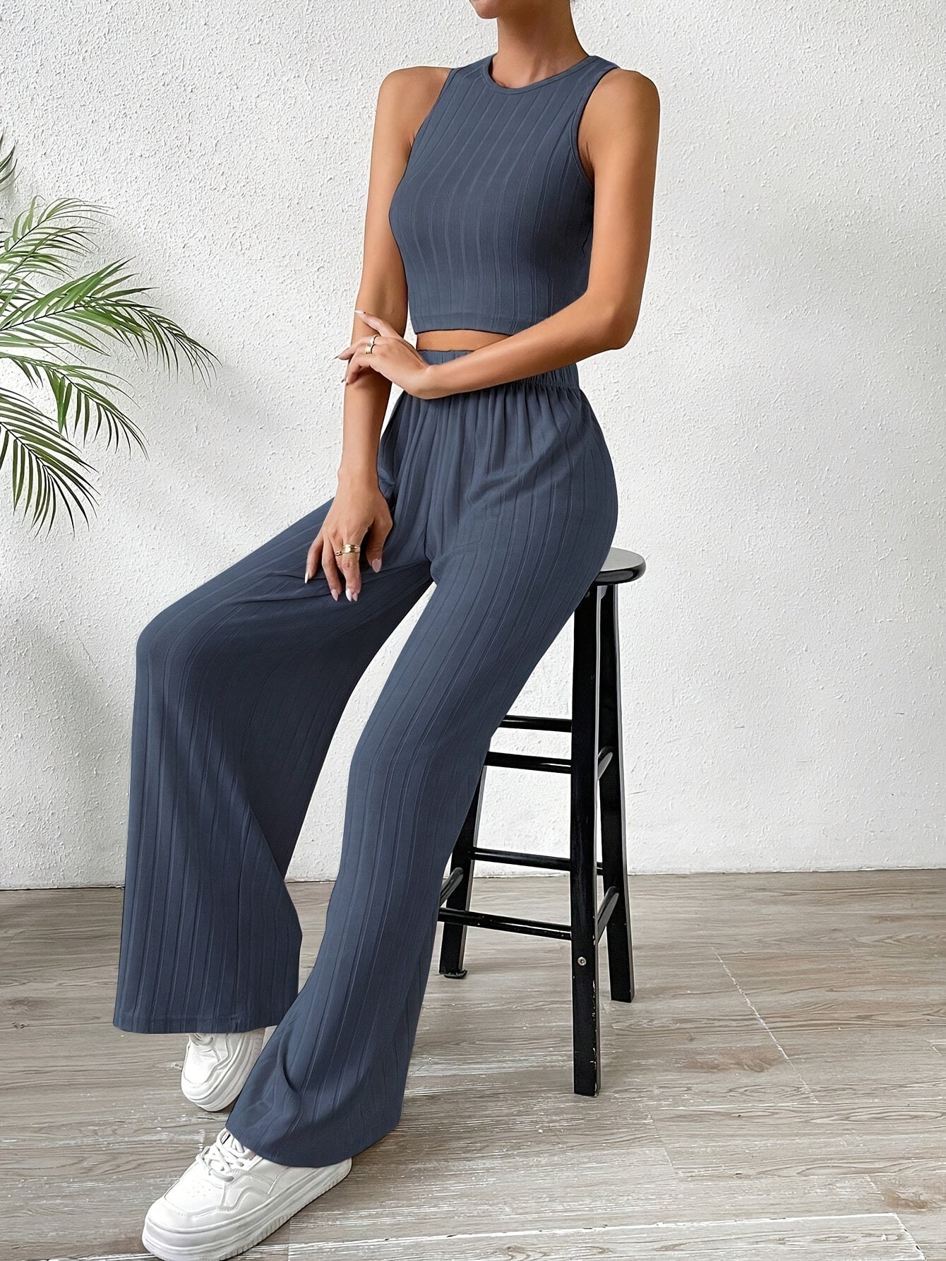 Solid Ribbed Elegant Pants Set, Crew Neck Sleeveless Slim Tank Top & Elastic Waist Wide Leg Pants Outfits, Women's Clothing