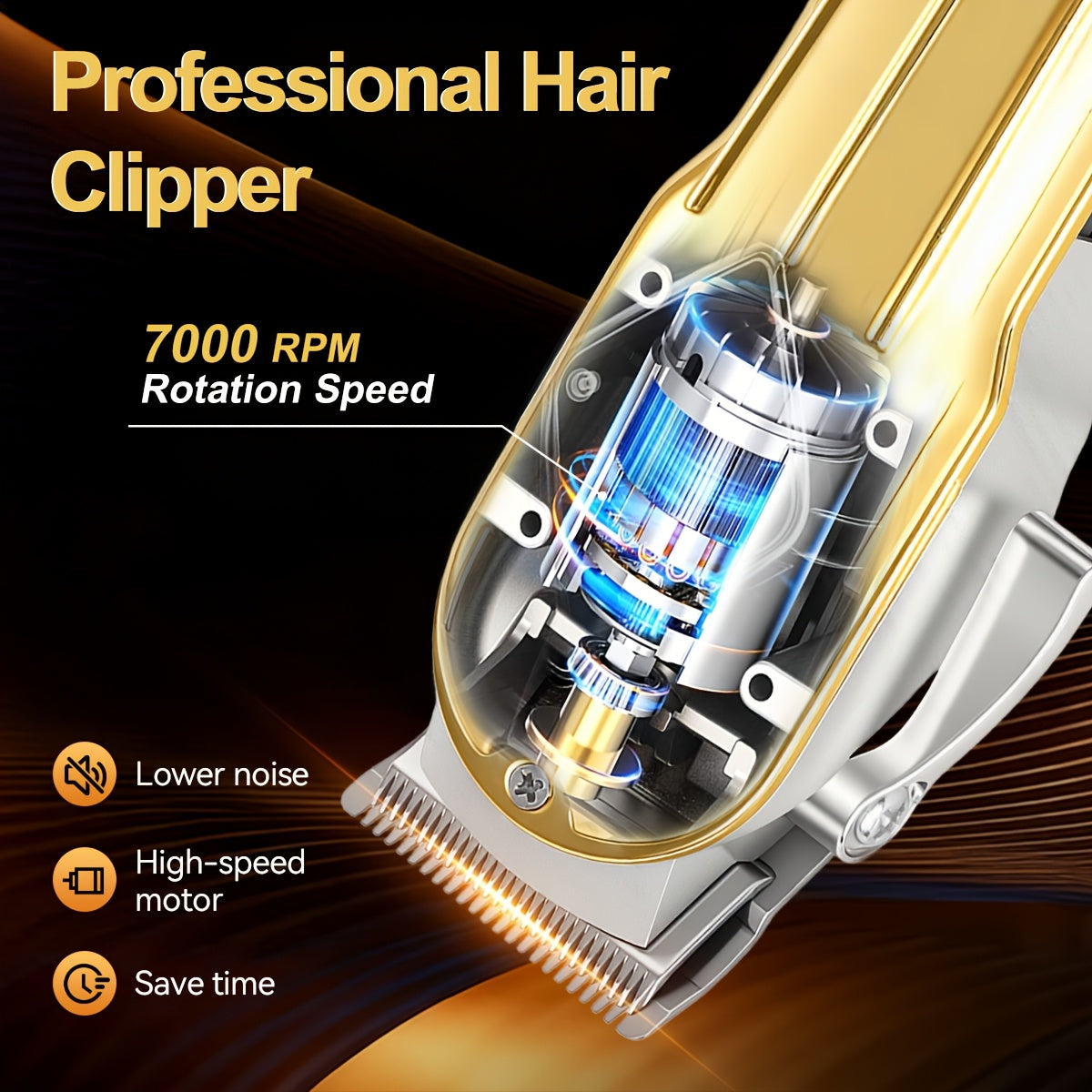 One Piece of a Golden Electric Hair Clipper for Men, Featuring a Professional-Grade Design with an Adjustable Serrated Blade, Four Comb Attachments of Varying Sizes, USB Charging Capability - ayq
