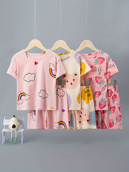 Girls' 3-Piece Cotton Shorts & Cartoon Print Set for Summer