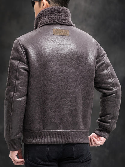 Men'S Faux Fur Lined Biker Jacket, Casual Long Sleeve Applique Air Force Style, Polyester 100% Knit Fabric, Solid Color Lapel Collar, Zipper Closure, Regular Fit for Daily & Golf Occasions - Fall/Winter Collection