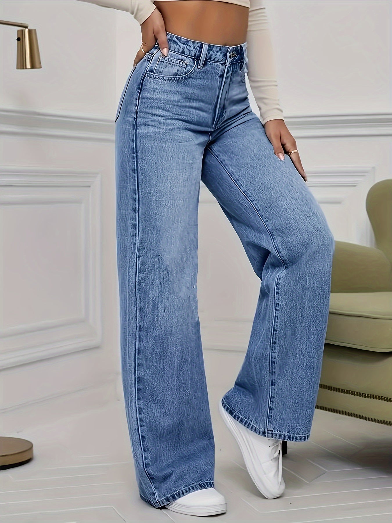 Women's Fashion Stretch Denim JK8820-T# Long Pants, Casual Washed Jeans, Straight Fit, No Belt, All-Season, Solid Color, Regular Length, Built-in Zipper, CPUY Brand