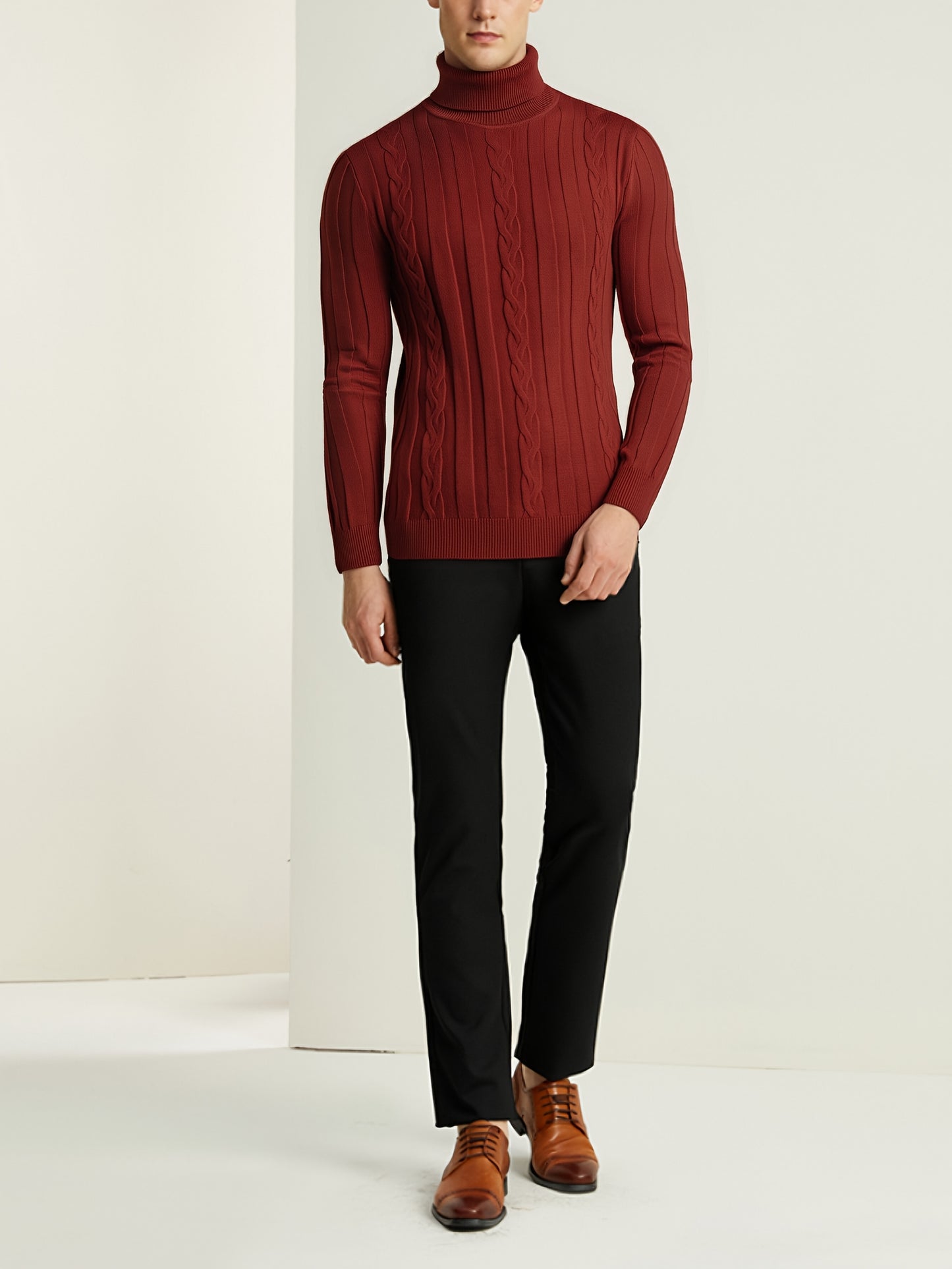 Men's Mature Slim-Fit High-Neck Long-Sleeve Sweater, Casual Ribbed Knit Pullover Solid Color Sweater, Men's Winter Clothing, Men's Sweater, Christmas Sweater, Men's Christmas Sweater, Winter Men's Apparel, New Year's Apparel,