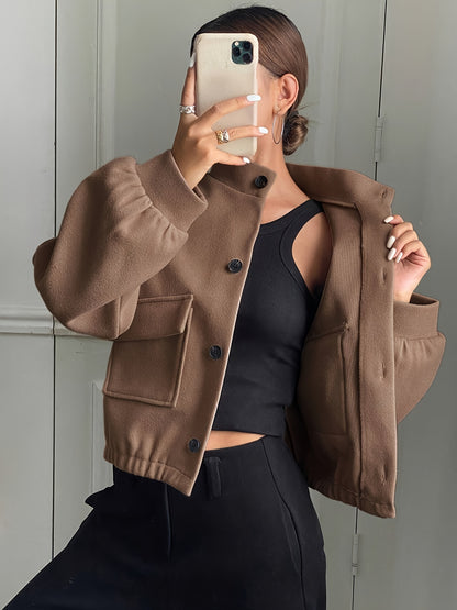 Women'S Elegant Brown Fleece Jacket - Winter Coat with Single-Breasted Button Front, Long Sleeve Tunic Length, Machine Washable & Wrinkle-Resistant, Cozy Outerwear For Fall/winter, Casual To Formal Events, Winter Jacket For W