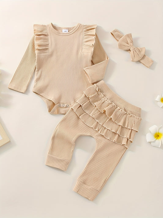 3pcs Baby Girl Outfit Set, Cute Ribbed Ruffle Long Sleeve Romper & Pants, 95% Cotton 5% Spandex, Crew Neck Pullovers, Solid Color, Regular Fit, No Belt, Fall/Winter Knit Fabric, 0-18 Months, for Outdoor