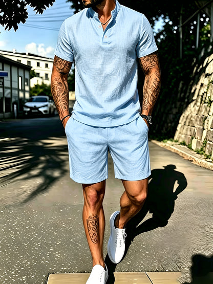 Men's Casual Cotton Polo Shirt and Shorts Set for Spring/Fall