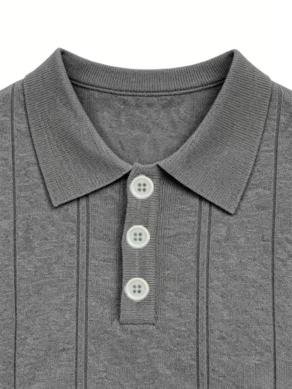Men's Slim Fit Vertical Stripe Knit Polo Shirt with Lapel Collar