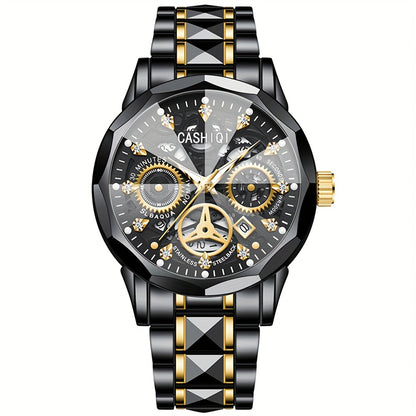 CASHIQI Brand Men'S Steel Strap Quartz Watch with Rhombus Dial, Sparkling Decoration, Calendar, And Luminous Display, IPX7 Waterproof Hollow Quartz Watch for Business, Travel, And Casual Wear - A Perfect Gift Choice.