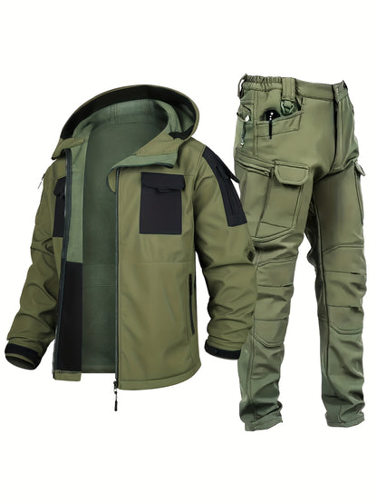 Men's Outdoor 2-Piece Hooded Fleece Jacket & Cargo Pants Set