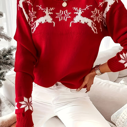 Women's Elegant Red Christmas Sweater with White Snowflake & Reindeer Pattern - Soft Stretchy Polyester Long Sleeve Round Neck Pullover, Cozy Winter Sweater for Holiday Parties & Everyday Winter Wear, Festive Sweater for New