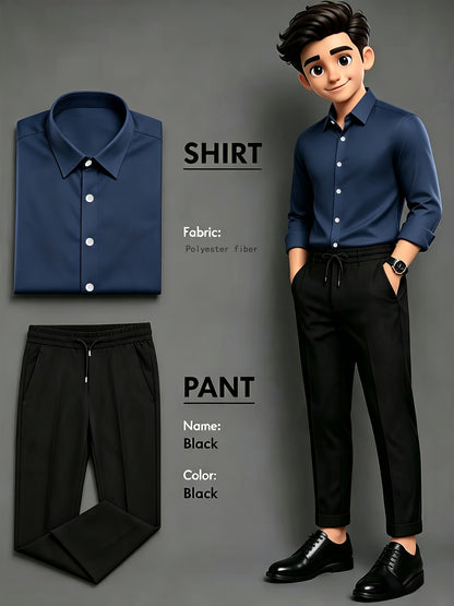 Men's Business Casual Two-Piece Suit with Lapel Shirt and Drawstring P