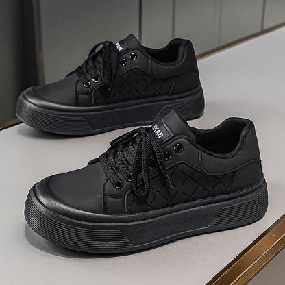 2026 Spring New Men's Flat Trail Running Shoes, Plaid Pattern Solid Color Thick-Sole Casual Sneakers for Boys, College Style Trendy Fashion Street Skate Shoes - ayq