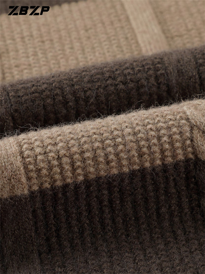 ZBZP Men'S Casual Striped Knit Sweater - Dark Gray & White Horizontal Stripes, Round Neck Long Sleeve, Regular Fit, Autumn Winter Warm Pullover for Casual Attire, Knit Sweater, Comfortable Fashion, Soft Texture, Cold Weather