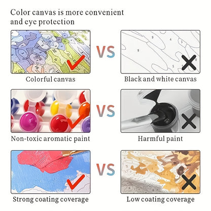 1pc Beginner DIY Adult Paint by Numbers Kit - Includes Acrylic Paints, Canvas, 3 Brushes & Instruction Manual | Winter Town Street Scene with Children Skiing and Snowboarding in a House Full of Decorations| 40x50cm/15.7x20in