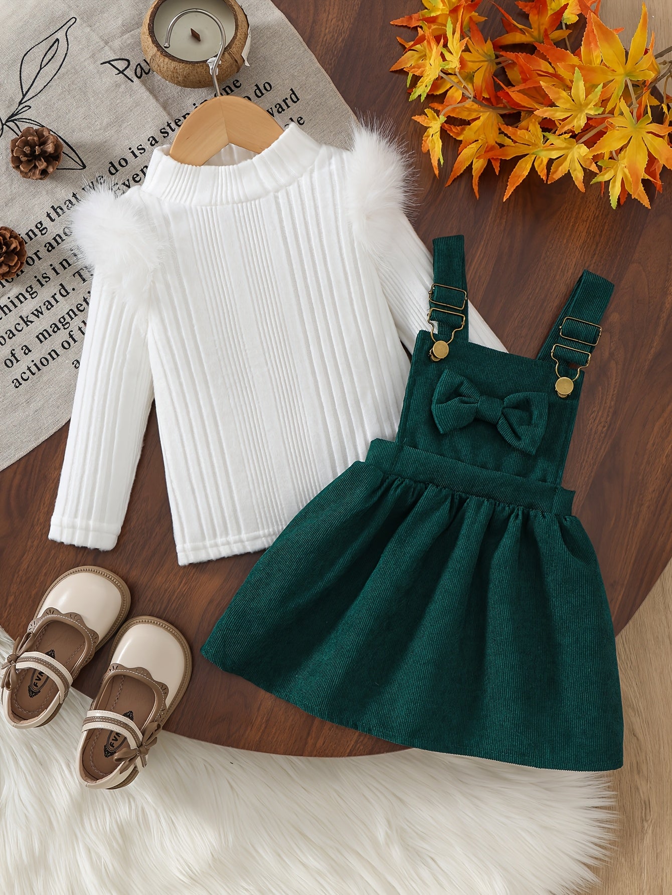 2 հատ մանկական ձմեռային հագուստի հավաքածու. Հարմարավետ փափուկ թևքերով զգեստ և A-գծի ժապավեն՝ օձիքով և ծոպերով զարդարանքով - փափուկ, տաք հագուստ լուսանկարահանումների համար, Սուրբ Ծնունդ (ձեռքով լվացվող), իդեալական է բացօթյա օգտագործման համար