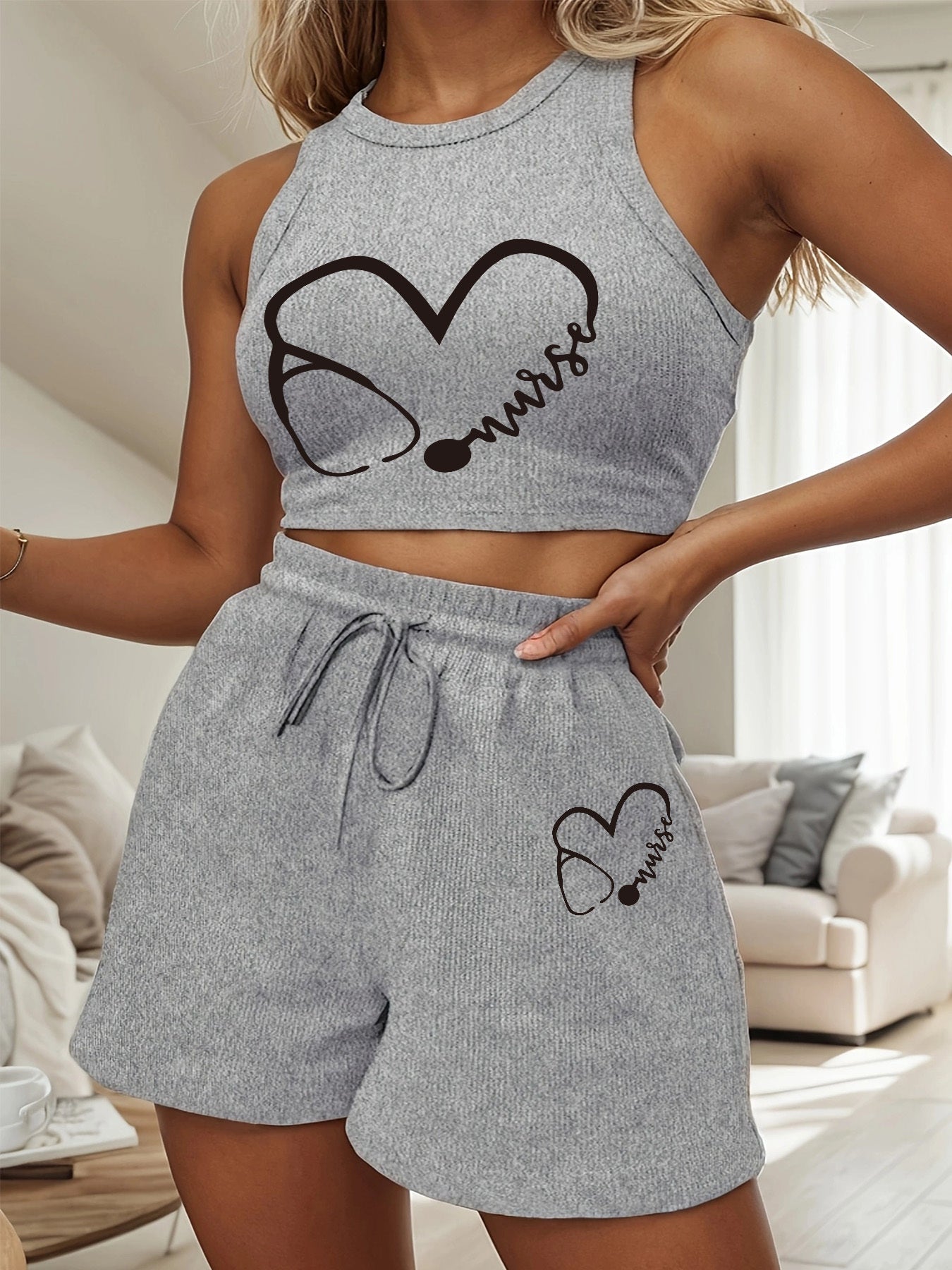Women's Casual Vest and Shorts Set with Drawstring Detail