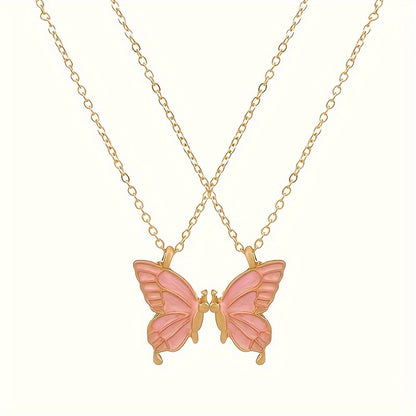 2pc Pink Color Butterfly Pendant Necklace Adjustable Zinc Alloy Neck Chain Jewelry For Couples