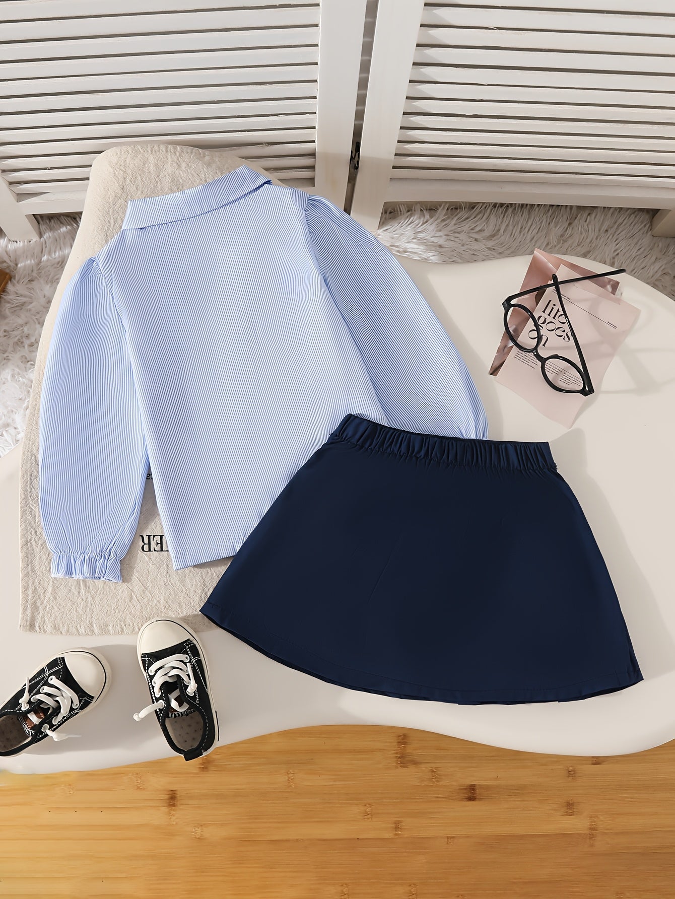 Girls' Striped Lace-Trim Polo & Pleated Skirt Set for Spring