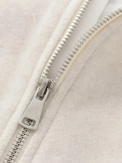 Women'S Elegant Pilot Jacket - Beige Bomber Style Short Coat with Pockets, Zip-Up, Long Sleeves, Loose Fit for Casual & Weekend Wear, Casual Wear Jacket | Bomber Jacket | Polyester Fabric