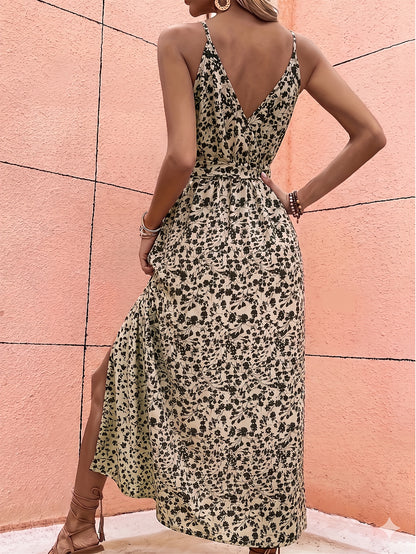 Women's Summer Floral Slingback Dress with V-Neck Slit