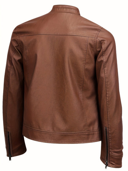 Men's Stylish Burgundy Jacket - Fall/Winter Trendy Stand Collar Biker Jacket with Multiple Zippered Pockets, Casual Design for Casual Attire, Fall Jacket | Modern Casual Jacket | Glossy Finish Jacket - ayq