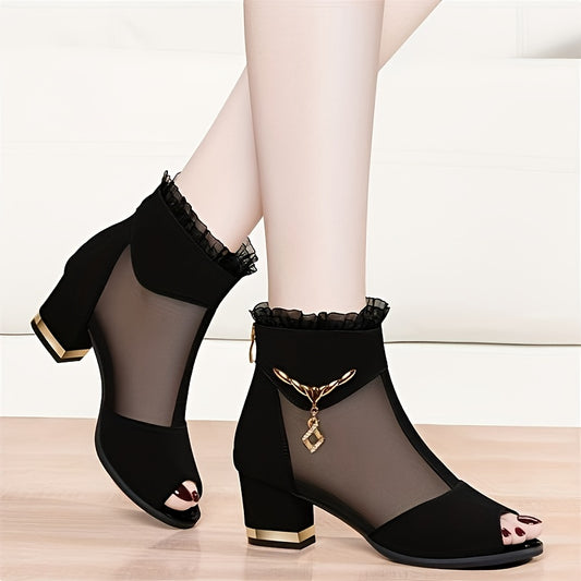 Elegant Black High-Heel Sandals with Mesh Upper - Comfortable Block Heel, Open Toe Design, Stylish Zipper Closure, Perfect for Summer Formal Wear, Formal Footwear Elegant High Heel Zipper Closure Sandals