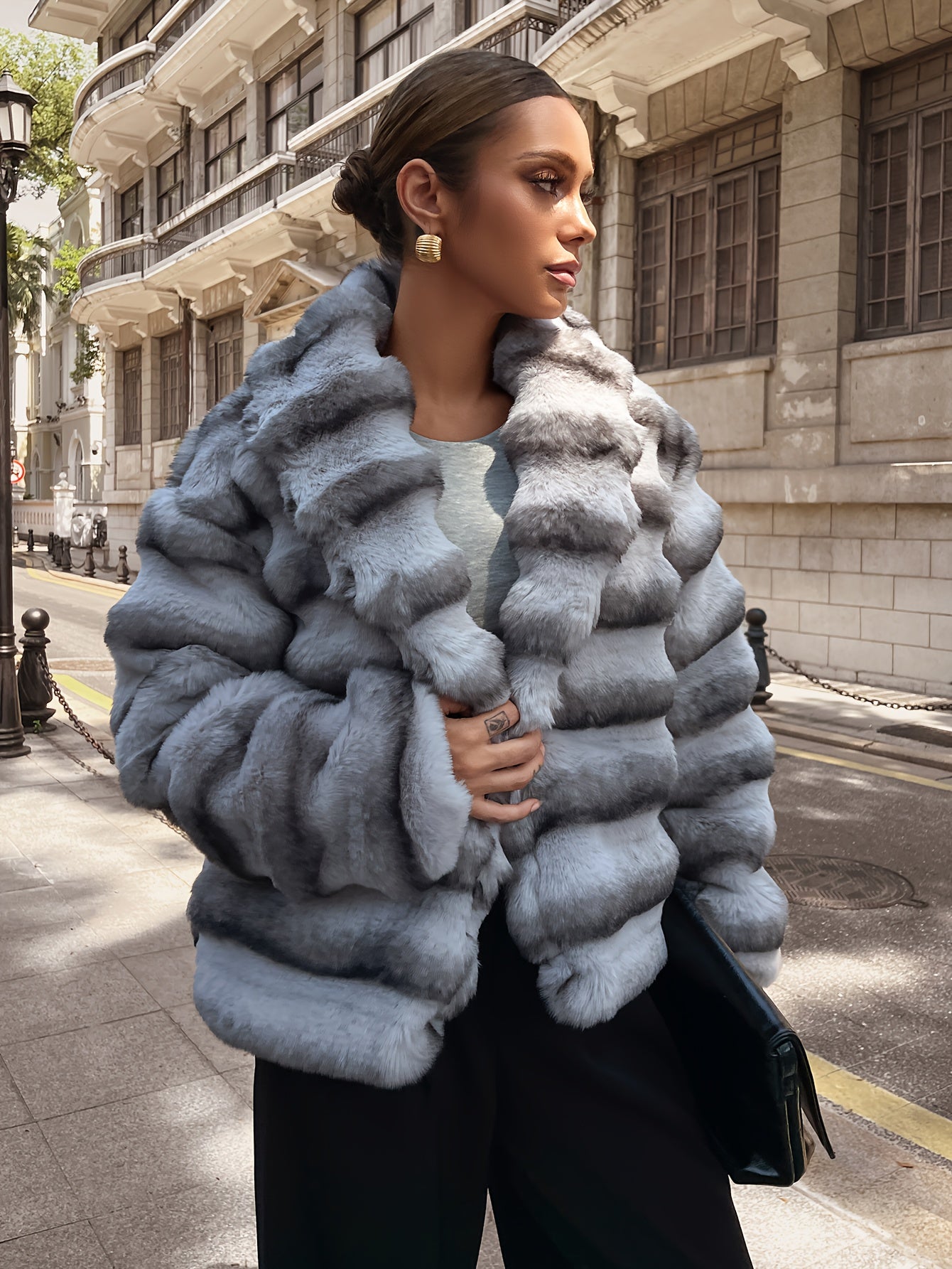 Կանացի արհեստական ​​մորթուց վերարկու՝ վիշապ-կատվի նախշերով - ոճային մոխրագույն և սպիտակ փափուկ ձմեռային բաճկոն, երկար թևքերով ամենօրյա վերնազգեստ ցուրտ եղանակի համար, հարմարավետ բրդյա ծածկույթ՝ հարմարավետության համար