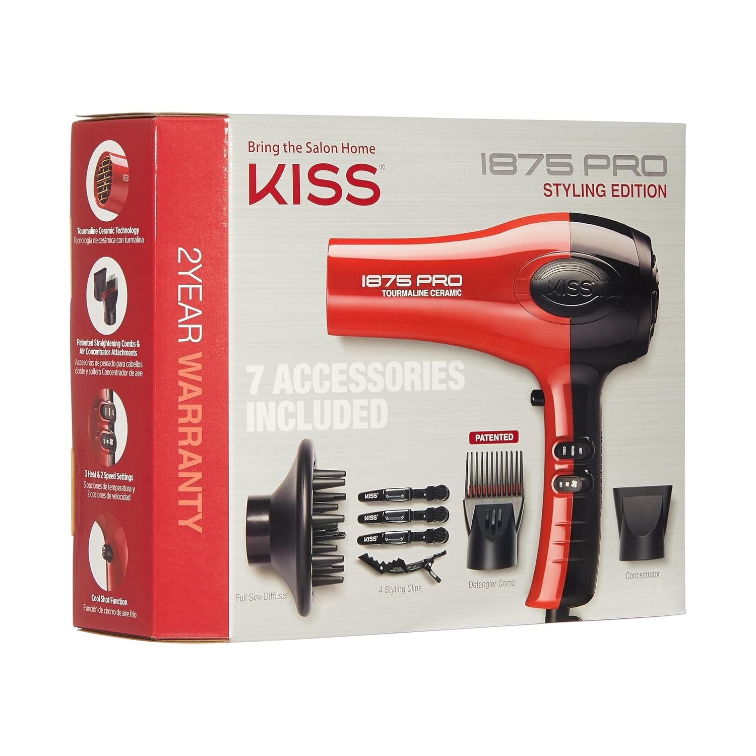 KISS 1875 Watt Pro Tourmaline Ceramic Hair Dryer, 3 Heat Settings, 2 Speed Slide Switch, Cool Shot Button, 2 Detangler Combs, 1 Concentrator, 1 Diffuser, Removable Filter Cap & 4 Sectioning Clips