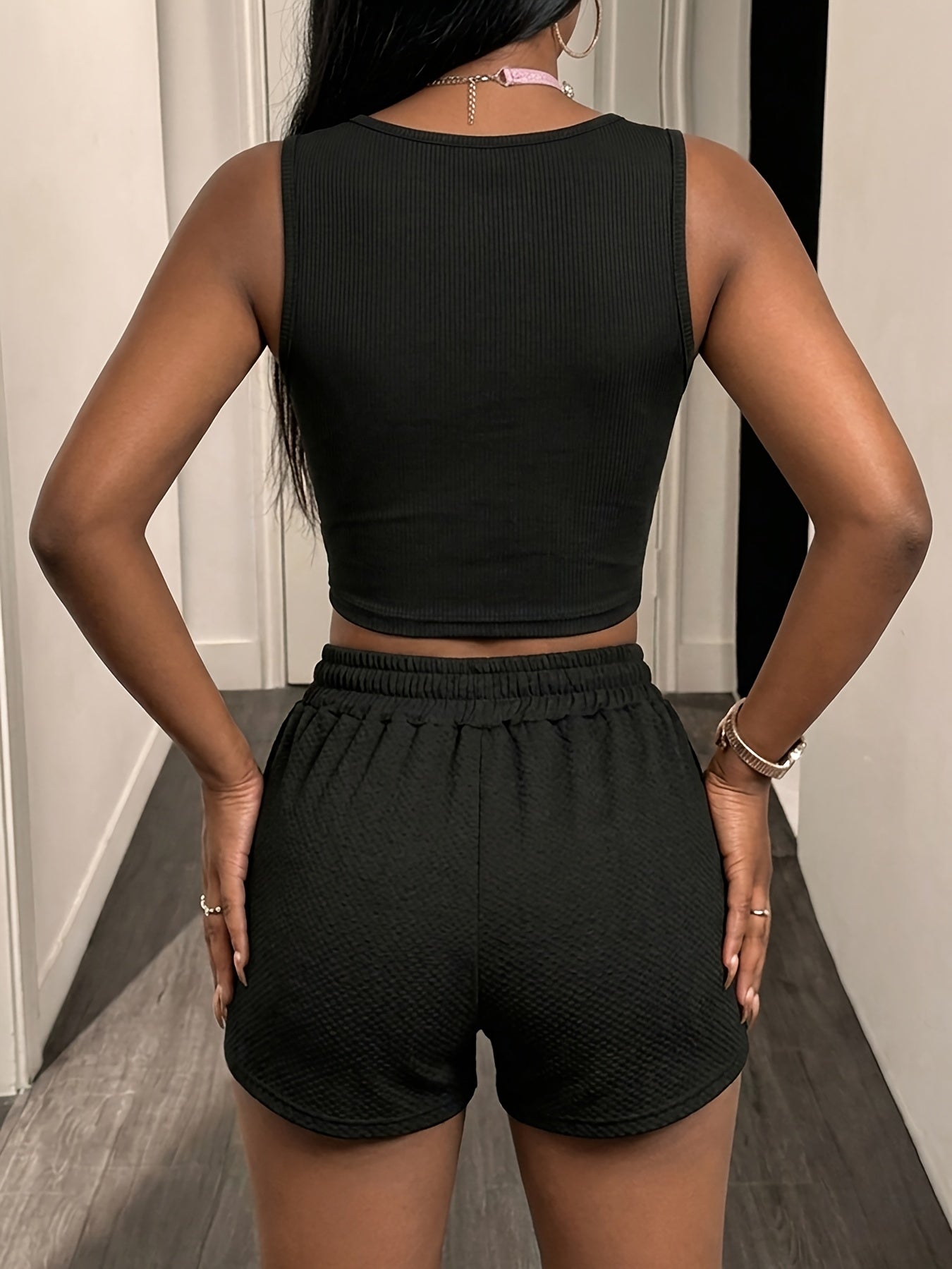 Women’s Sleeveless Crop Top and Drawstring Shorts Set - Summer Casual