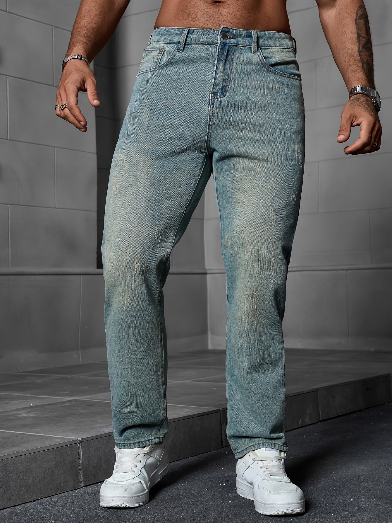 Men's Regular Fit Distressed Denim Jeans - Light Grey, Blend, Machine Washable, Year-Round Comfort & Style