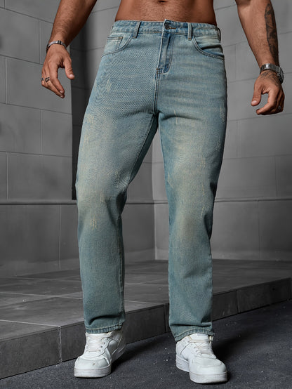 Men's Regular Fit Distressed Denim Jeans - Light Grey, Blend, Machine Washable, Year-Round Comfort & Style