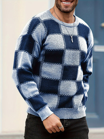 Men's Color Blocking Textured Checked Print Casual Trendy Sweater, Long Sleeve Pullover As Gift For Fall And Winter