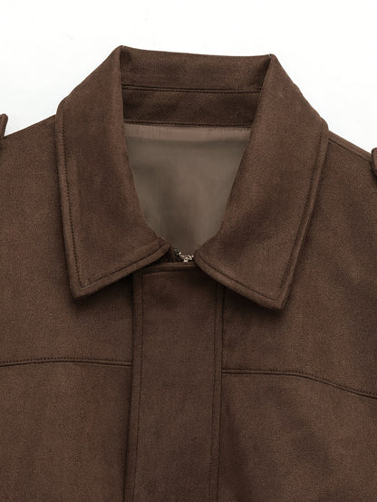 Կանացի վինտաժային բոմբեր բաճկոն - ազատ չափի երկար թևքով, կայծակաճարմանդով և իջեցված ուսերով, շագանակագույն առօրյա վերնազգեստ աշուն/ձմեռ համար, չձգվող գործվածք, իդեալական է առօրյա հագուստի համար, աշուն-ձմեռ բաճկոն | Վինտաժային բոմբեր ոճ | Zipp