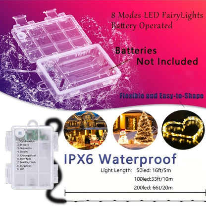 50/100 LED Christmas Fairy Lights Battery Operated 8 Modes String Lights Outdoor IPX6 Waterproof 4.88meter/10.06meter Silvery Battery Copper Wire Lights Camping lights Outdoor for Garden Patio Fence Party Decorations, Warm Wh