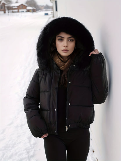 Women'S Winter Coat with Removable Faux Fur Hood - Thickened Loose Fit Long Sleeve Jacket, Zippered Pockets & Button Front, Casual Solid Color Outerwear for Cold Weather, Cozy Warmth, Buttoned Closure, Durable Fabric