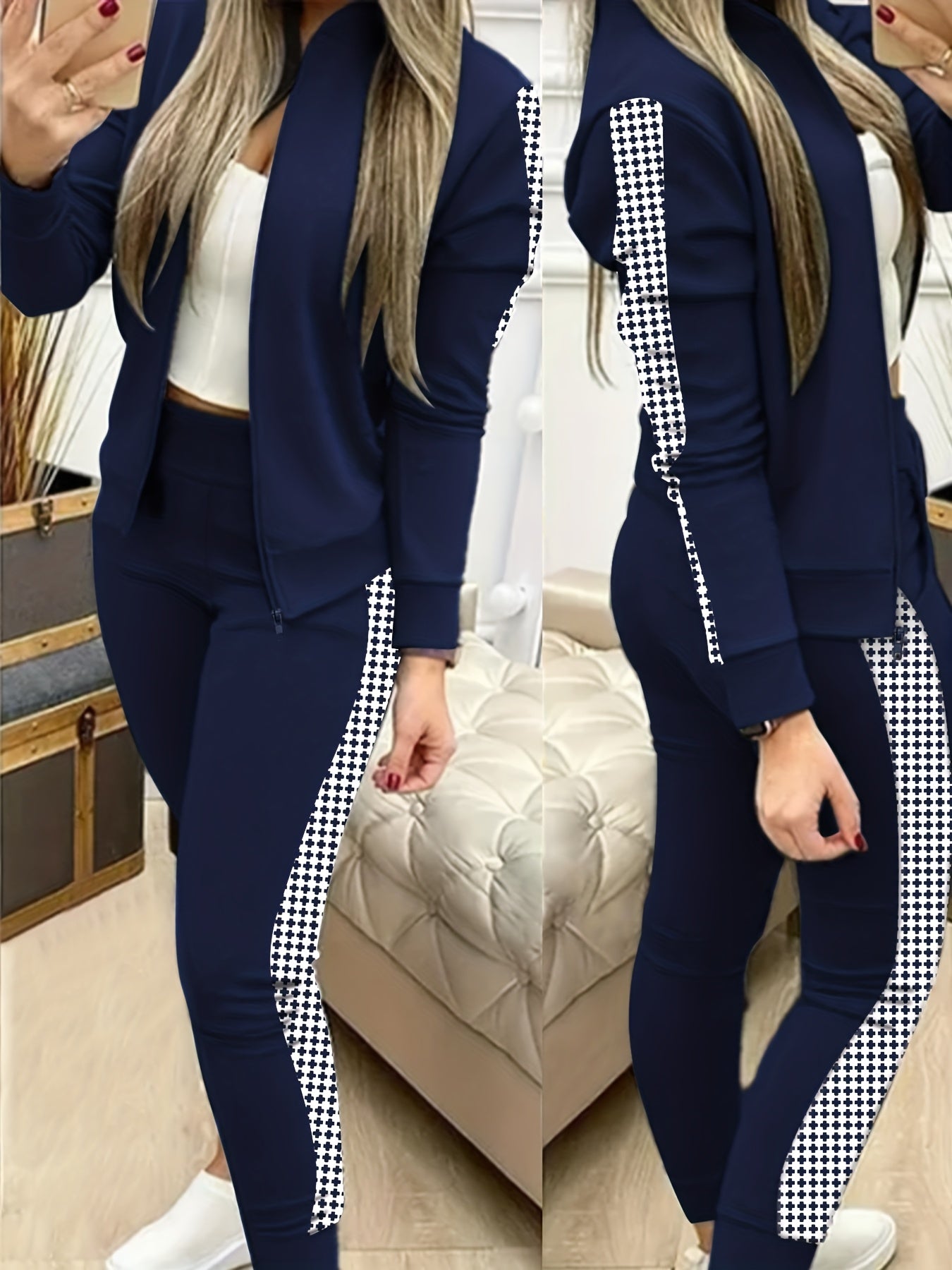 Two-Piece Outfit for Women Featuring a Geometric Design, Long-Sleeve Zip-Up Jacket, And Pants with Symmetrical Pockets - ayq