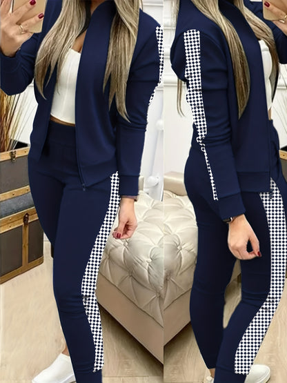 Two-Piece Outfit for Women Featuring a Geometric Design, Long-Sleeve Zip-Up Jacket, And Pants with Symmetrical Pockets - ayq
