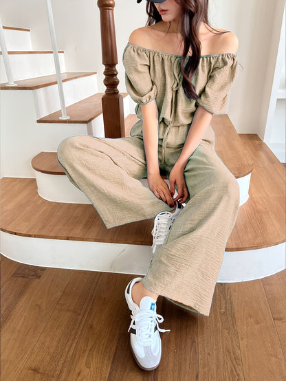 Women's Summer Solid Color Off-Shoulder Puff Sleeve Crop Top and Loose Wide-Leg Pants Two-Piece Set - ayq