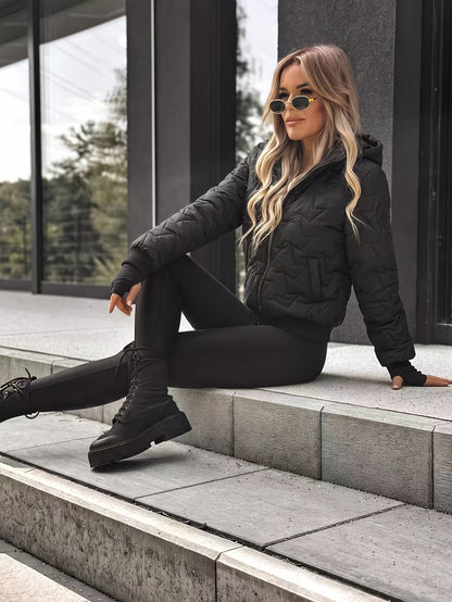 Women's Short Quilted Hooded Jacket with Ribbed Cuffs