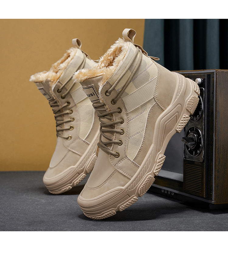 Men's High-Top Winter Boots with -Like Collar & - Heavy-Duty PU Upper, PVC Sole, Beige/Tan Lace-Up Snow Boots for Ice, Slush,, Outdoor (Warm Cold Weather Footwear)