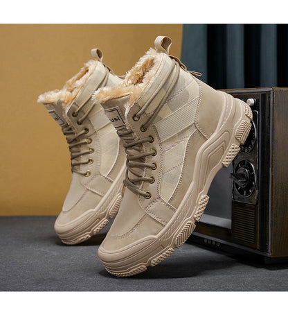 Men's High-Top Winter Boots with -Like Collar & - Heavy-Duty PU Upper, PVC Sole, Beige/Tan Lace-Up Snow Boots for Ice, Slush,, Outdoor (Warm Cold Weather Footwear)