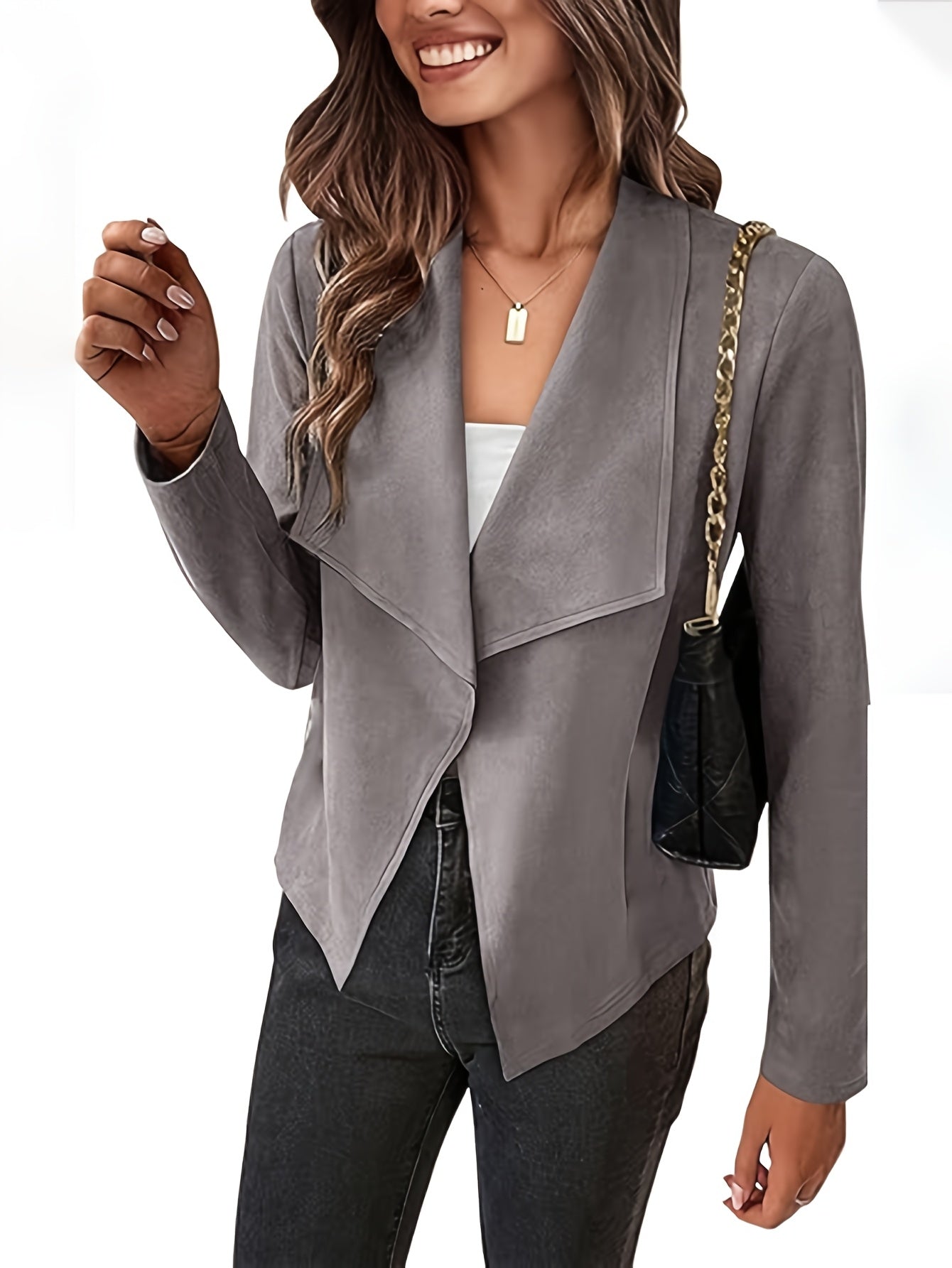 Մեծ չափսի, ձիթապտղի կանաչ արհեստական ​​մորթուց պատրաստված բլեյզեր՝ ձգվող պոլիեսթերից պատրաստված առօրյա բաճկոն՝ ոսկեգույն շղթայով ուսի պայուսակով, լվացքի մեքենայով լվացվող աշնանային/ձմեռային վերնազգեստ կանանց համար