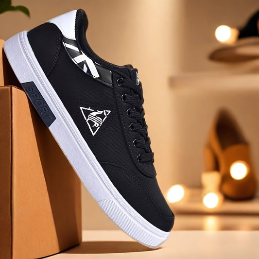 Men's Retro Breathable Canvas Sneakers - Comfortable, Non-Slip Rubber Sole Walking Shoes, Casual Low-Top Lace-Up Design with Triangular Logo, Black & White Accents, Durable PU Upper for Casual Attire