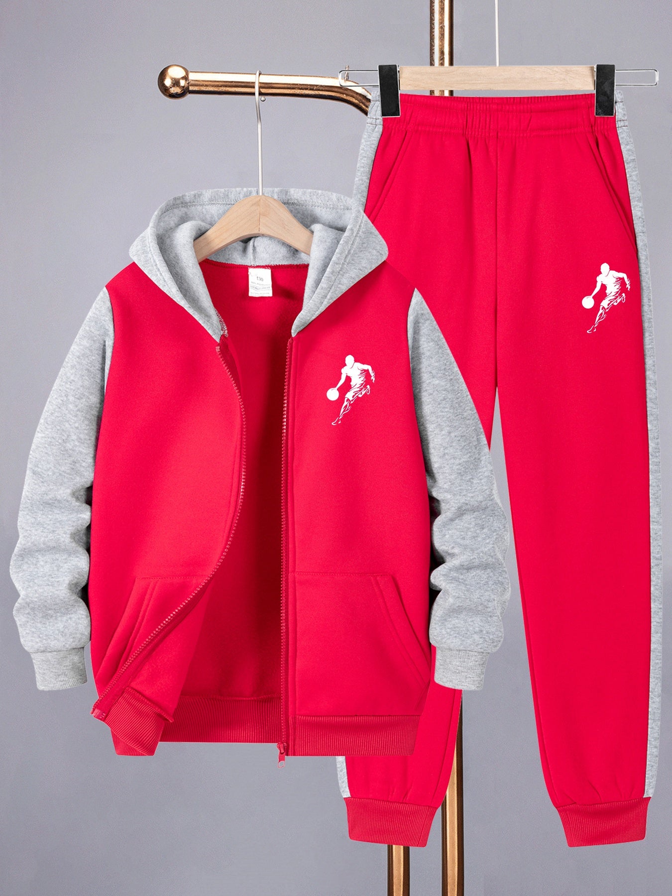 2pcs Boys' Casual Sportswear Set, Fashion Basketball Print Fleece-Lined Zip-Up Hoodie + Pants for Autumn and Winter, Suitable for Daily Wear and Outdoor Activities, Perfect for Outdoor