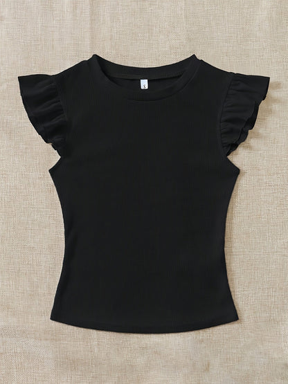 Slim Fit Ribbed Ruffle Sleeve T-Shirt for Women, Summer Chic - ayq