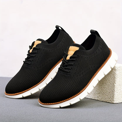 Men's Breathable Knit Business Casual Shoes - Beige with Brown Accents, Lace-Up, EVA Sole, Round Toe, Versatile for All Seasons, Dressy Shoes